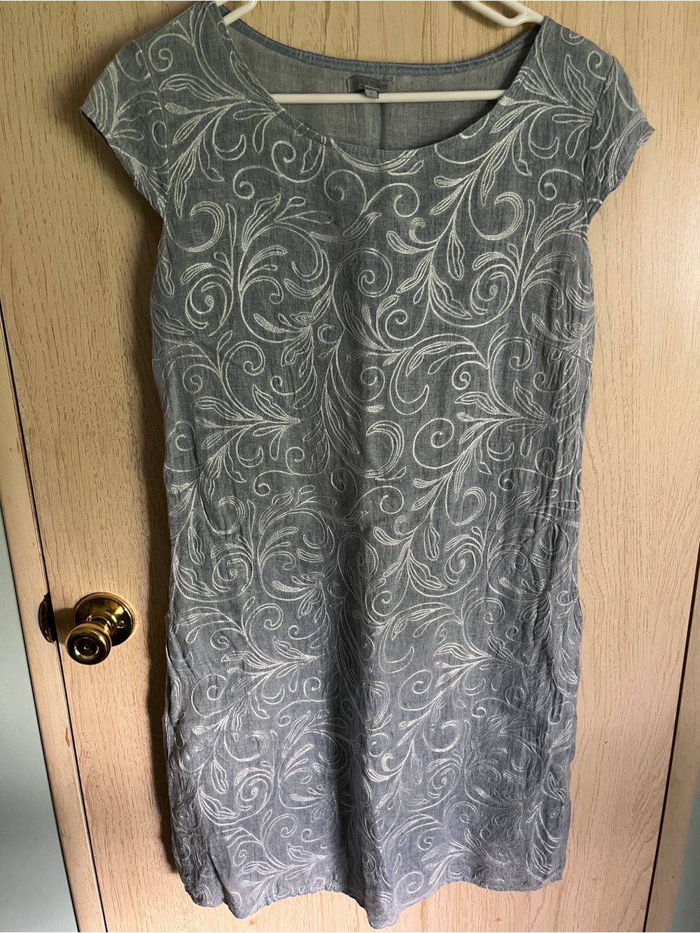 Lina Tomei Italy Linen Embroidered Shift Dress Grey Blue Pockets! Sz Large